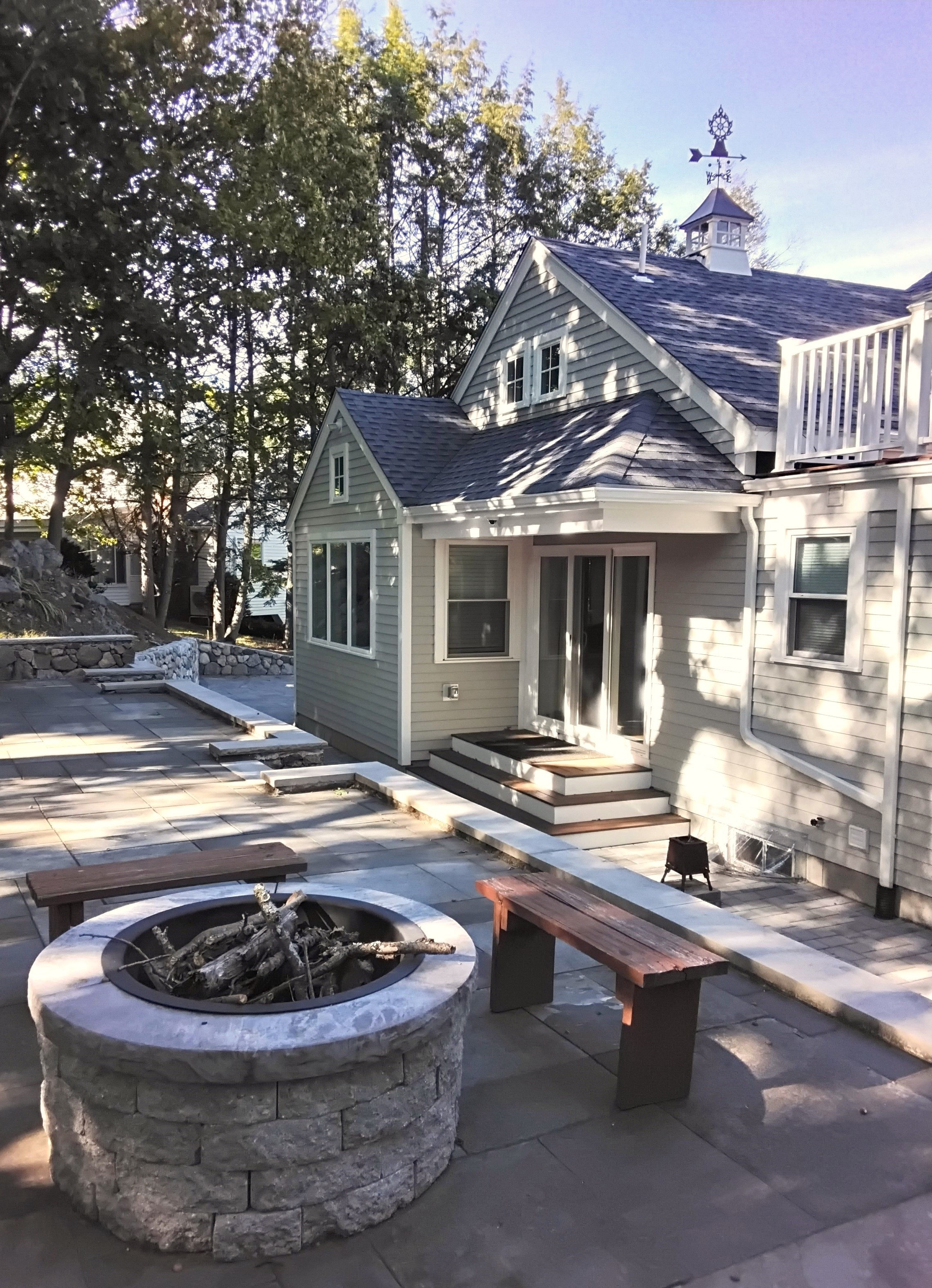 Colonial Home, Lexington — fire pit patio and addition detail close-up