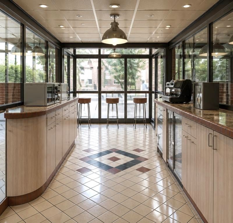 Cafe interior with wood cabinetry, bar stools, and geometric tile floor