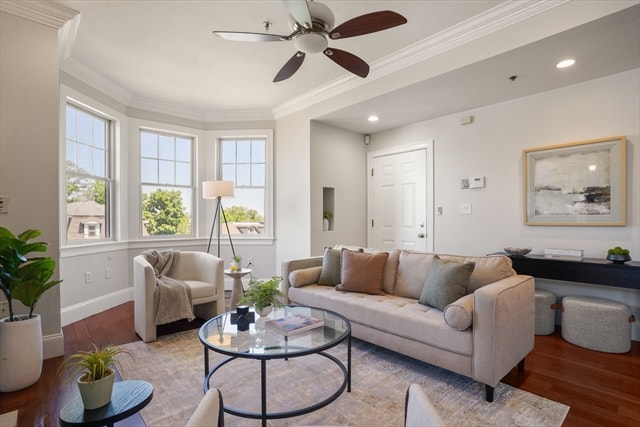 Bright living room with bay windows