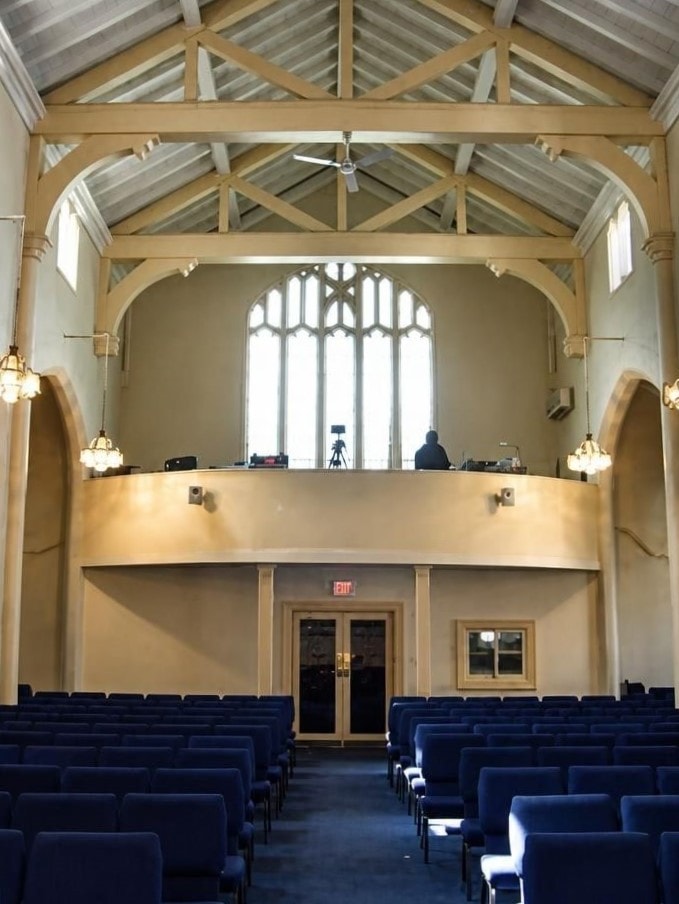 Sanctuary looking toward rear balcony and Gothic window