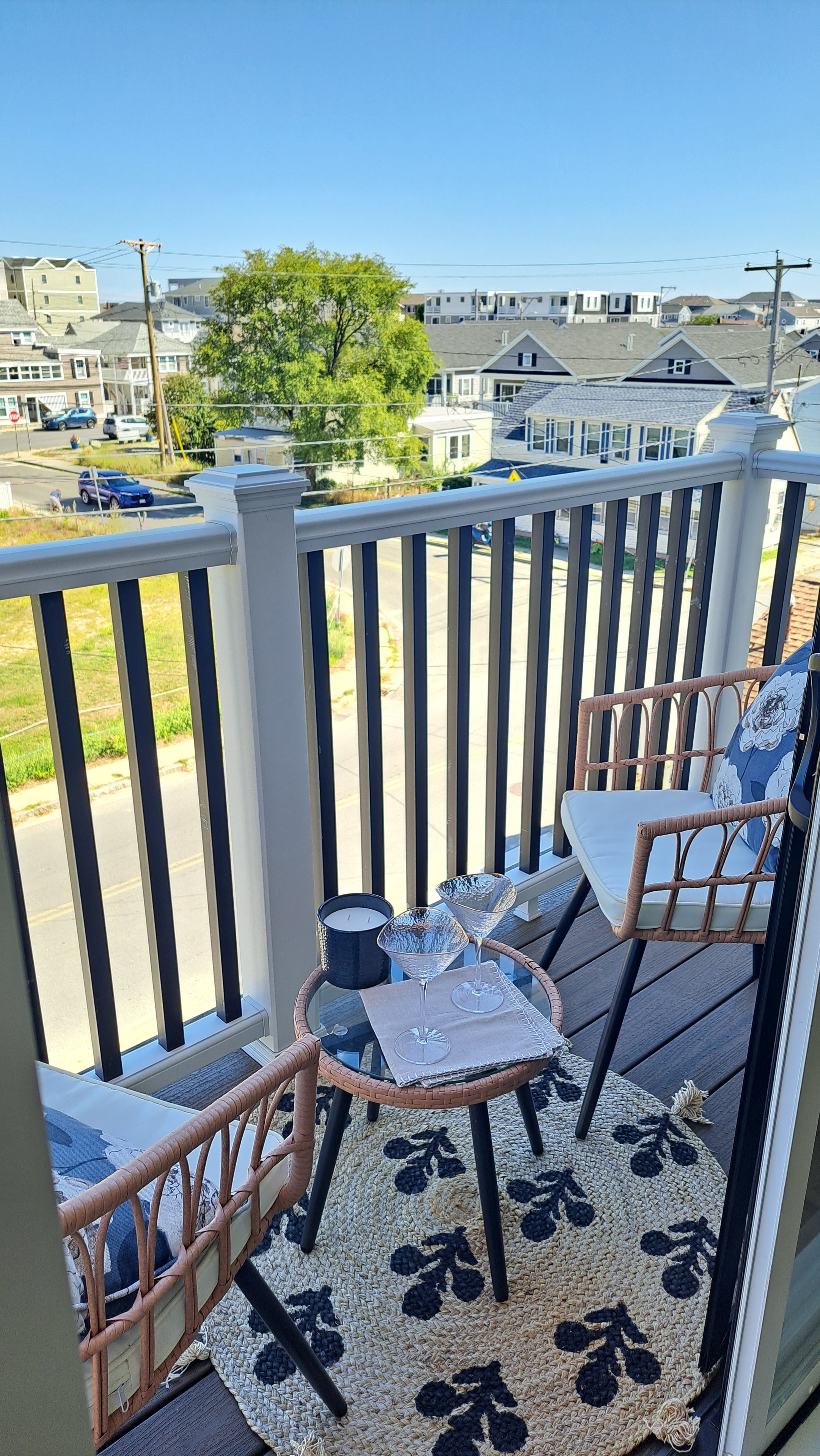 Deck with seating and beach views