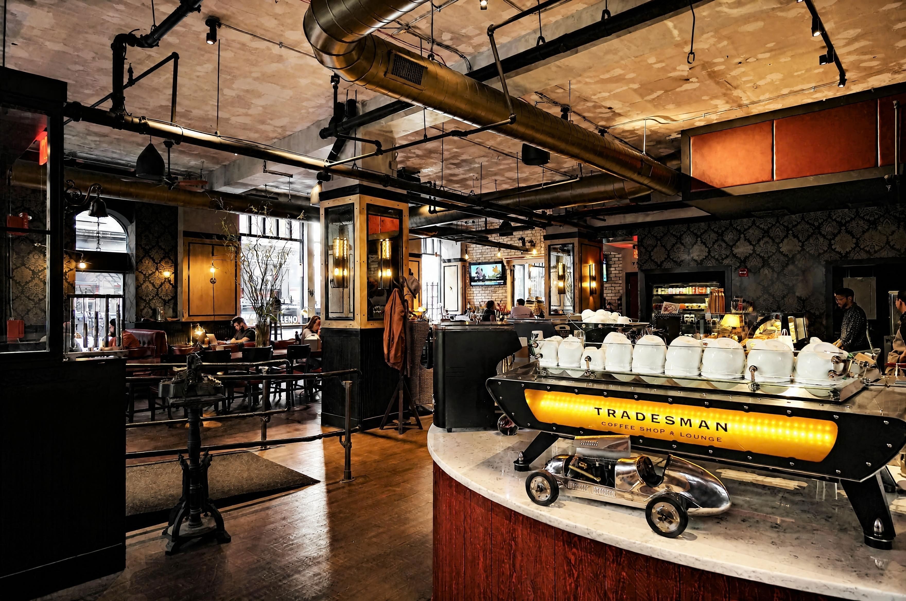 Espresso bar with Tradesman branded machine and lounge seating