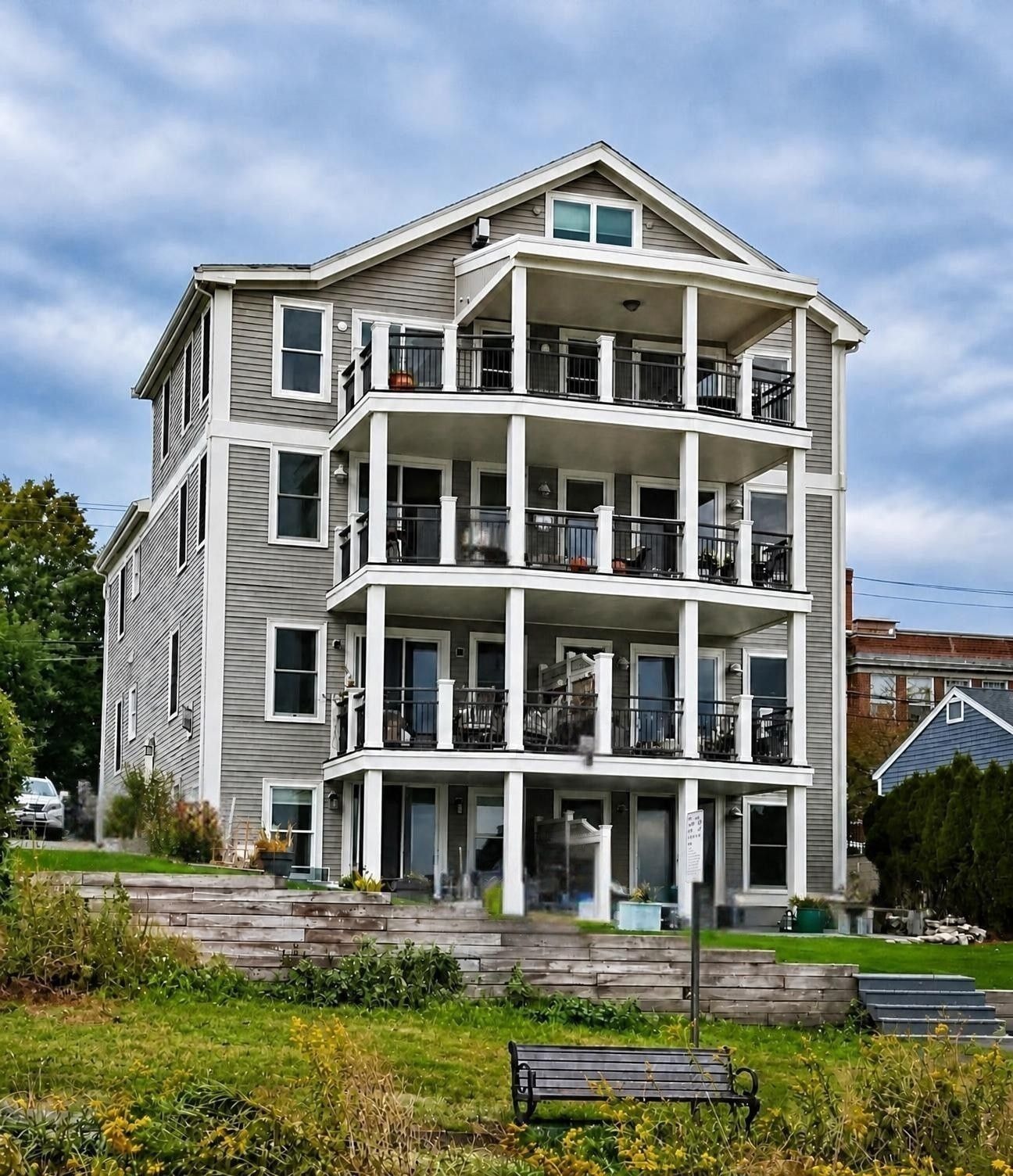 Rear exterior with stacked balconies